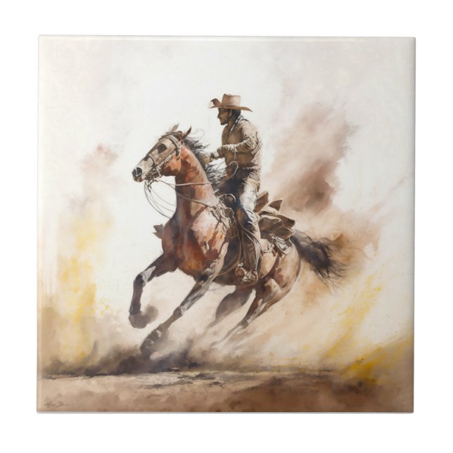 Dusty Western Watercolour Cowboy Riding Mustang Ceramic Tile (Front)