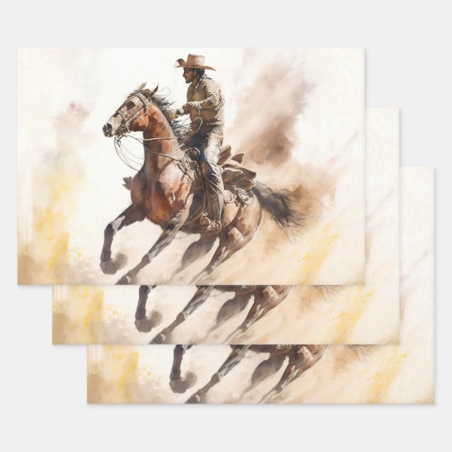 Dusty Western Watercolour Cowboy Riding Mustang Wrapping Paper Sheets (Set)