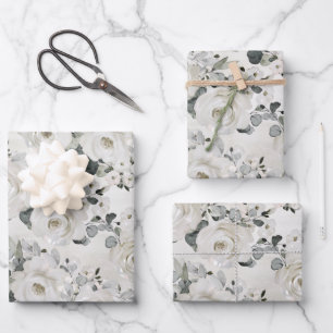 Dusty White Peony & Silver Eucalyptus Greenery Wrapping Paper Sheets