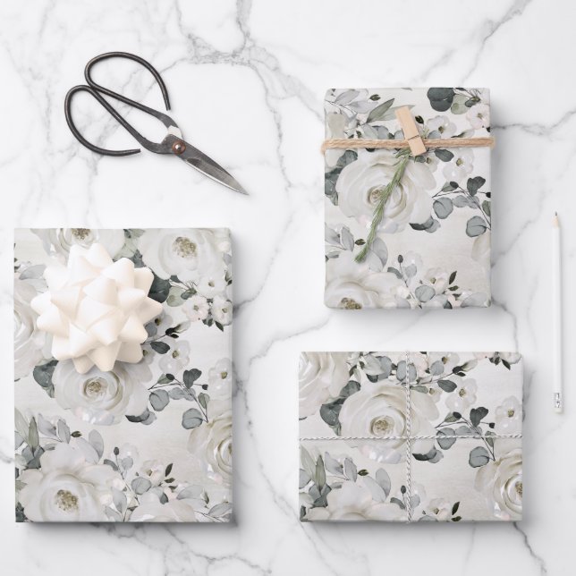 Dusty White Peony & Silver Eucalyptus Greenery Wrapping Paper Sheets (Front)