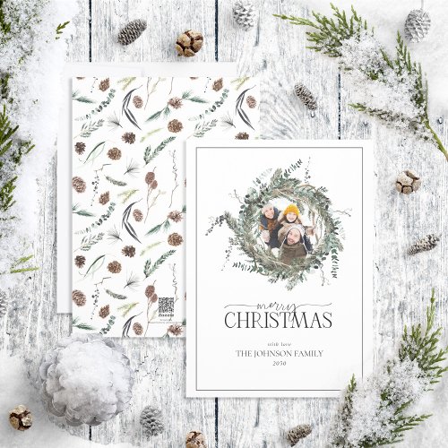 Dusty Winter Wreath Merry Christmas Script Photo H Holiday Card