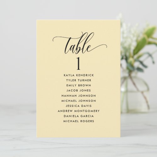 Dusty Yellow Seating Plan Cards with Guest Names