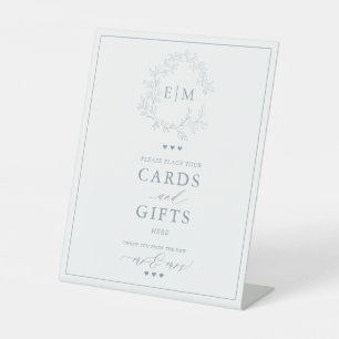 Dustyt Blue Leafy Crest Monogram Card & Gifts Pedestal Sign