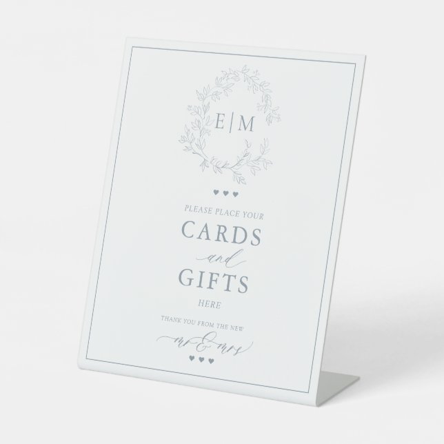 Dustyt Blue Leafy Crest Monogram Card & Gifts Pedestal Sign (Front)