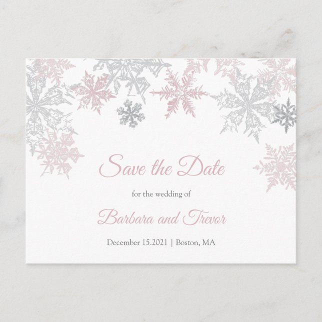 Dusy Pink & Silver Snowflakes Winter Save the Date Announcement Postcard (Front)