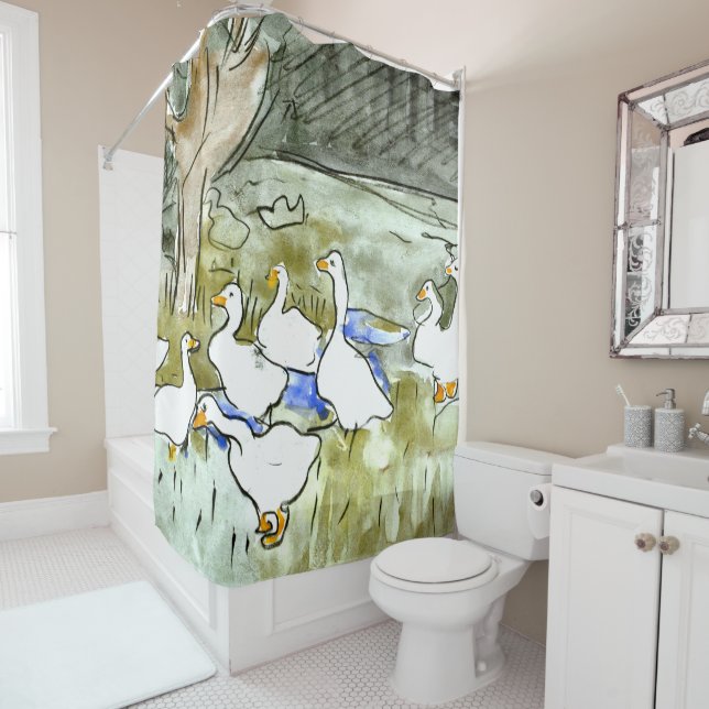 Dutch Art Nouveau Ducks and Geese Shower Curtain (In Situ)