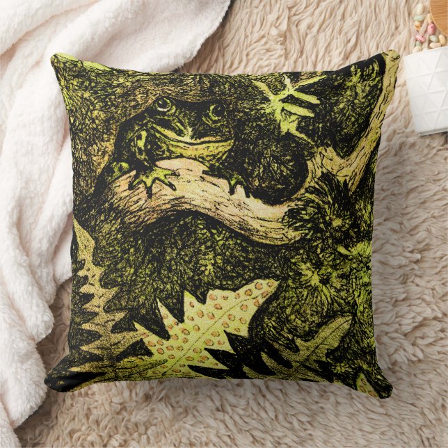 Dutch Art Nouveau Frog in Tree Throw Pillow (Blanket)