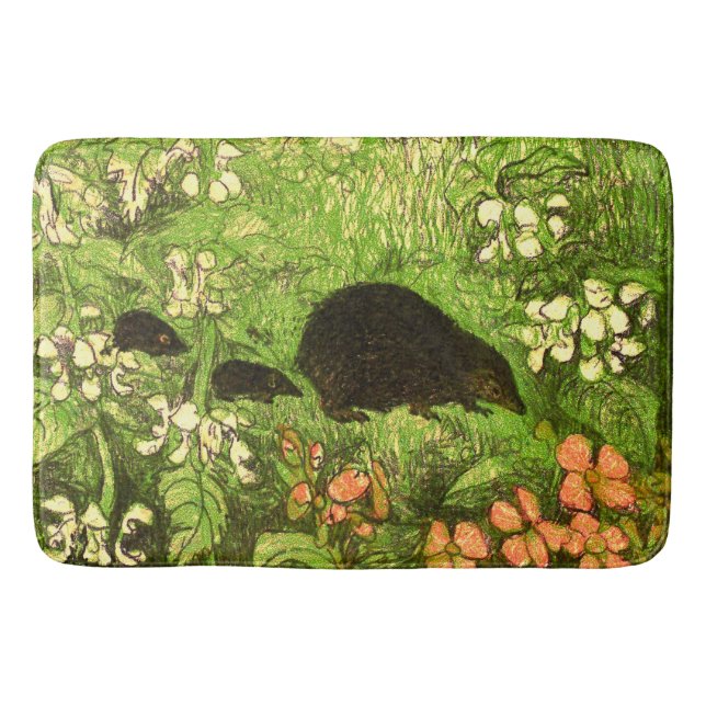 Dutch Art Nouveau Hedgehog and Babies Bath Mat (Front)
