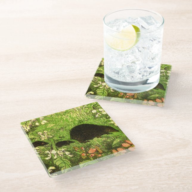 Dutch Art Nouveau Hedgehog and Babies Glass Coaster (Angled)
