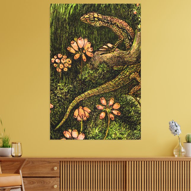 Dutch Art Nouveau Lizard and Wildflowers Canvas Print (Insitu(LivingRoom))