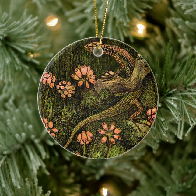 Dutch Art Nouveau Lizard and Wildflowers Ceramic Ornament (Tree)