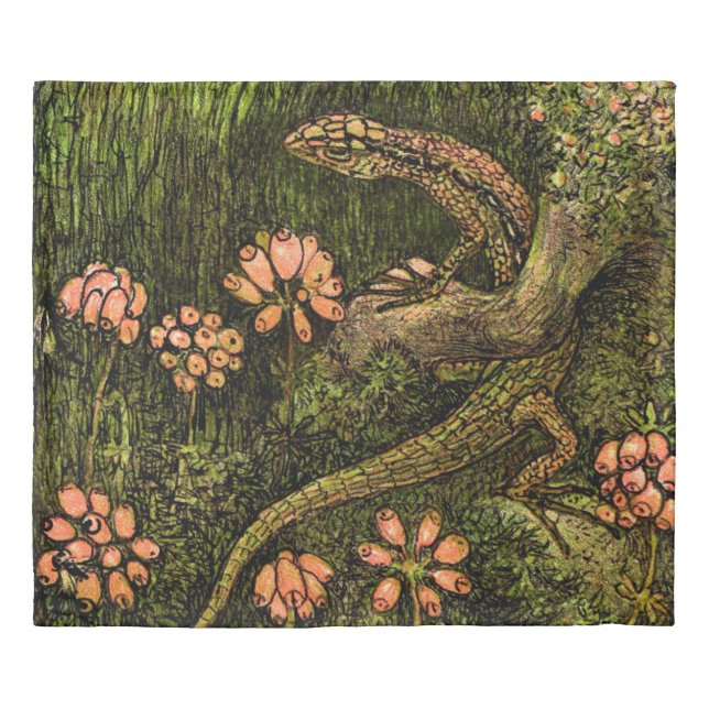 Dutch Art Nouveau Lizard and Wildflowers Duvet Cover (Front)