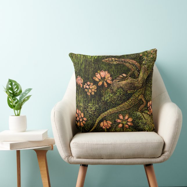 Dutch Art Nouveau Lizard and Wildflowers Throw Pillow (Chair)