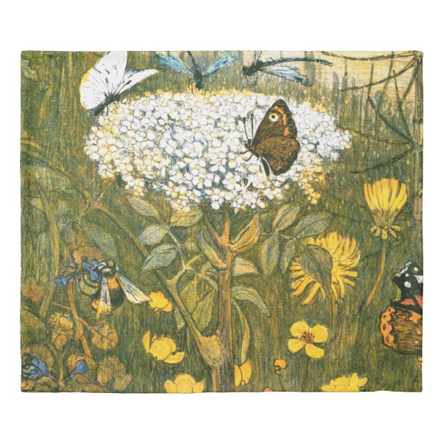 Dutch Art Nouveau Meadow Wildflowers, Butterflies Duvet Cover (Front)