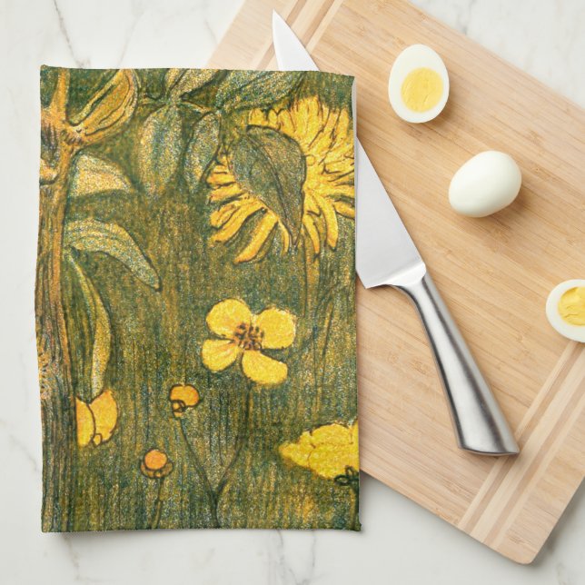 Dutch Art Nouveau Meadow Wildflowers, Butterflies Kitchen Towel (Quarter Fold)