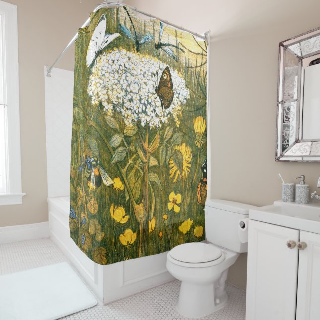 Dutch Art Nouveau Meadow Wildflowers, Butterflies Shower Curtain (In Situ)