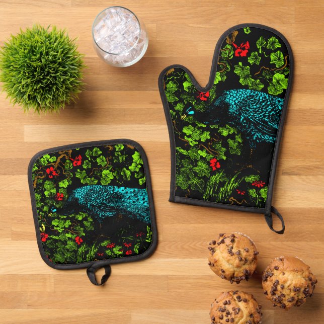 Dutch Art Nouveau Peacock and Butterfly  Oven Mitt & Pot Holder Set (Top Down)