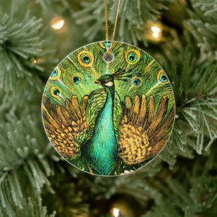 Dutch Art Nouveau Peacock and Chickens Ceramic Ornament