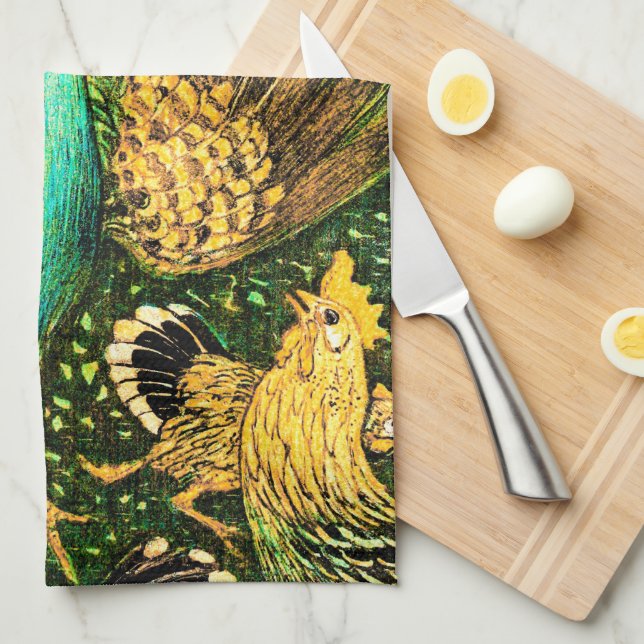 Dutch Art Nouveau Peacock and Chickens Kitchen Towel (Quarter Fold)