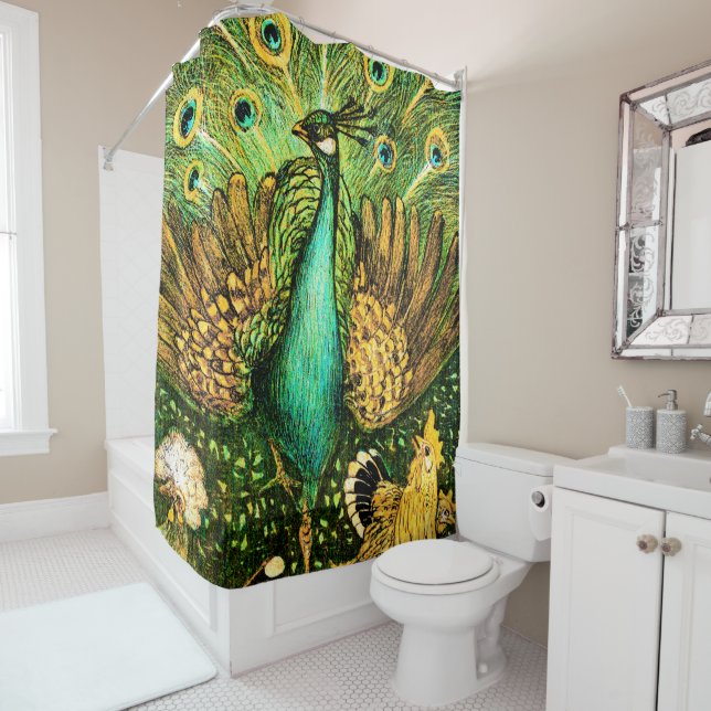 Dutch Art Nouveau Peacock and Chickens Shower Curtain (In Situ)