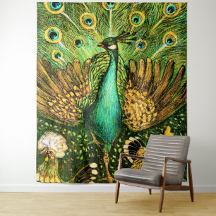 Dutch Art Nouveau Peacock and Chickens Tapestry