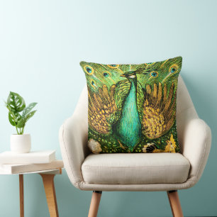 Dutch Art Nouveau Peacock and Chickens Throw Pillow
