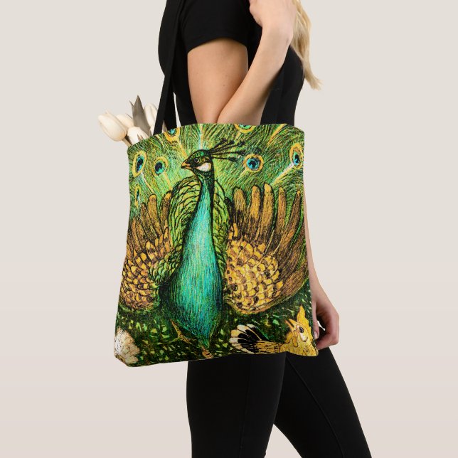Dutch Art Nouveau Peacock and Chickens Tote Bag (Close Up)