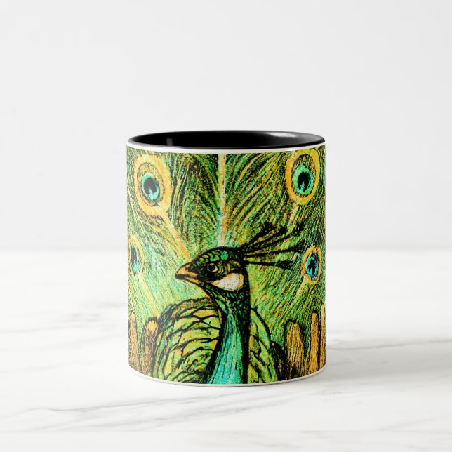 Dutch Art Nouveau Peacock and Chickens Two-Tone Coffee Mug (Center)