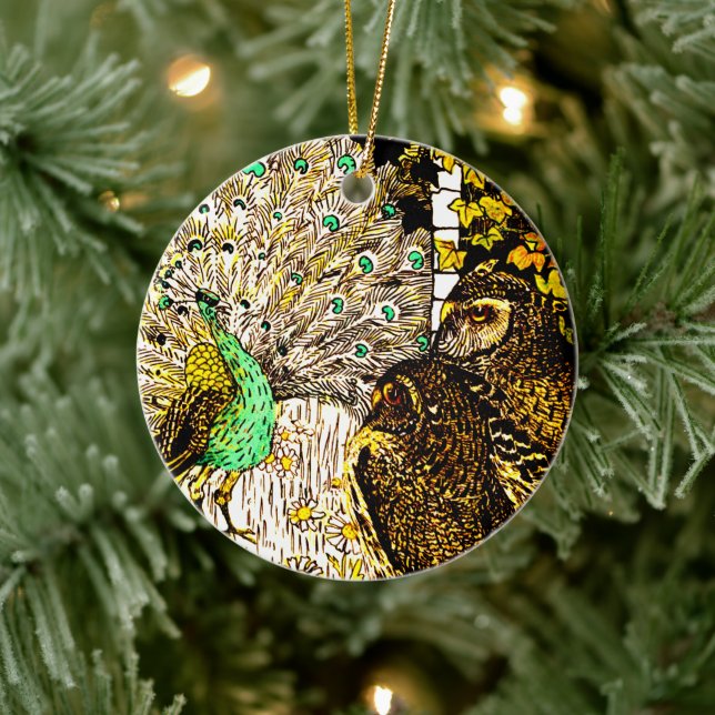 Dutch Art Nouveau Peacock and Owls Ceramic Ornament (Tree)