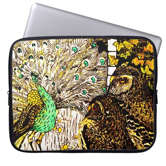 Dutch Art Nouveau Peacock and Owls Laptop Sleeve (Front)