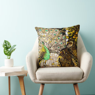 Dutch Art Nouveau Peacock and Owls Throw Pillow