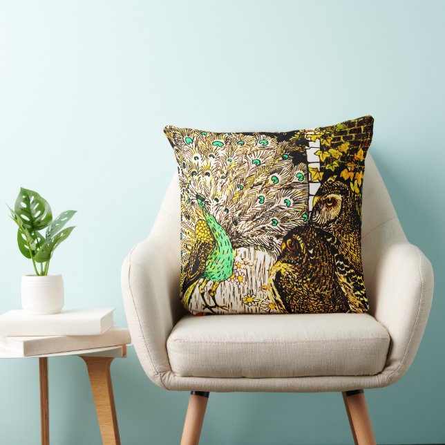 Dutch Art Nouveau Peacock and Owls Throw Pillow (Chair)