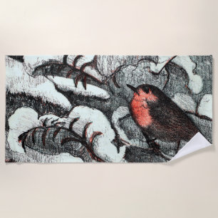Dutch Art Nouveau Robin Bird in Winter Beach Towel