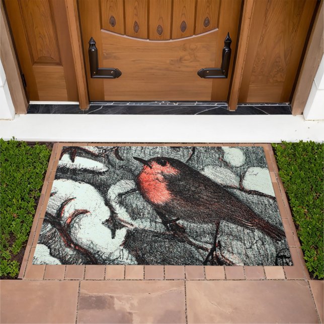 Dutch Art Nouveau Robin Bird in Winter Doormat (Outdoor)