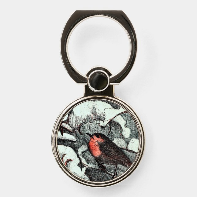 Dutch Art Nouveau Robin Bird in Winter Phone Ring Stand (Front)