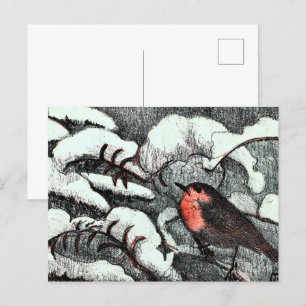 Dutch Art Nouveau Robin Bird in Winter Postcard