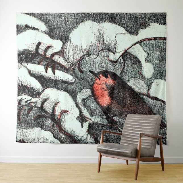Dutch Art Nouveau Robin Bird in Winter Tapestry (In Situ (Horizontal))