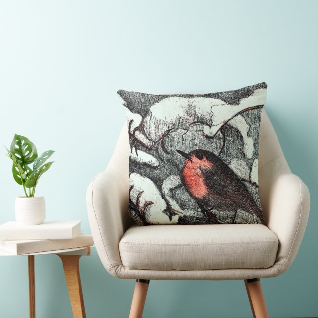 Dutch Art Nouveau Robin Bird in Winter Throw Pillow (Chair)