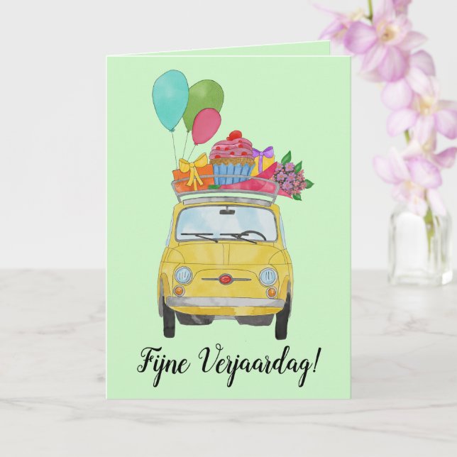 Dutch Birthday Retro Fiat 500 Card (Orchid)