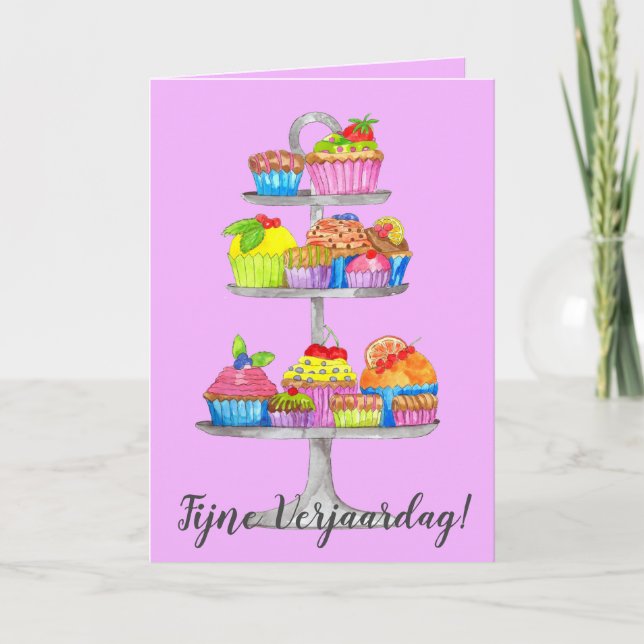 Dutch Birthday Watercolor cupcakes  Card (Front)