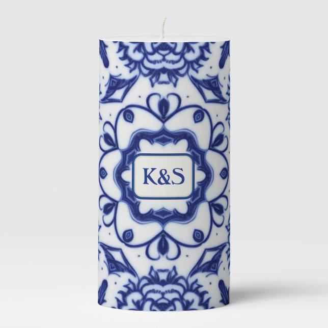 Dutch Blue on White Ceramic Pretty Floral Initials Pillar Candle (Front)