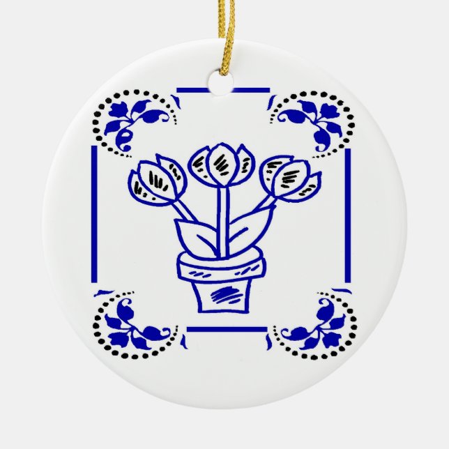 Dutch Blue Tulips Ceramic Ornament (Front)