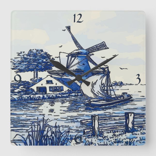 Dutch Blue Vintage Style Windmill Square Wall Clock (Front)