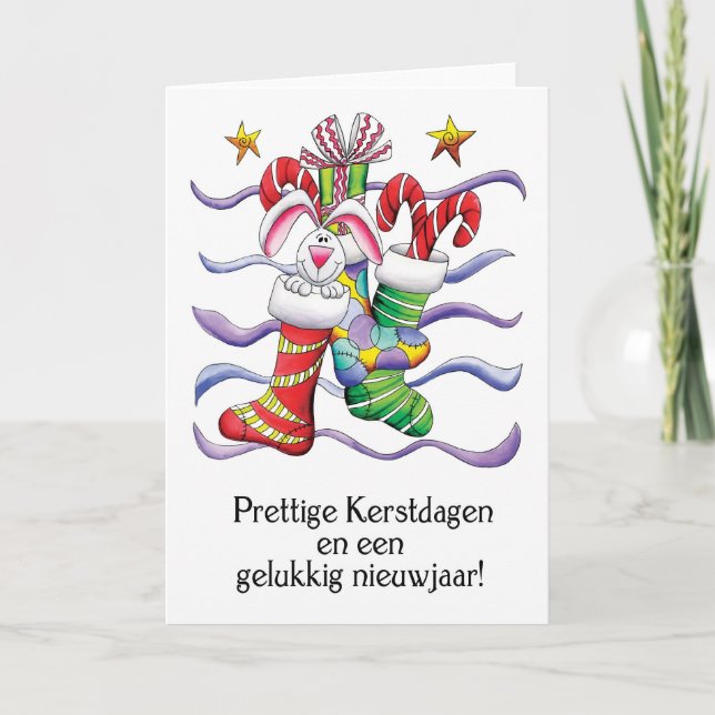 Dutch - Christmas Stocking With Rabbit And Gifts - Holiday Card (Front)