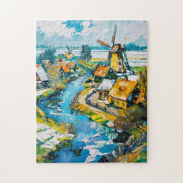 Dutch Countryside with Windmills and Water Channel Jigsaw Puzzle (Vertical)