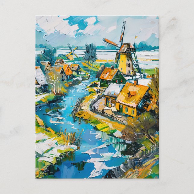 Dutch Countryside with Windmills and Water Channel Postcard (Front)
