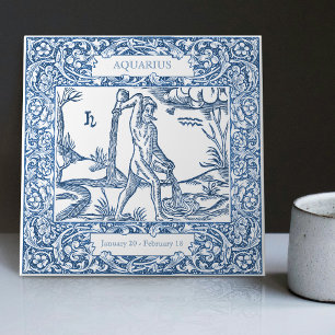 Dutch Delft Blue Aquarius Vintage Zodiac Sign Ceramic Tile