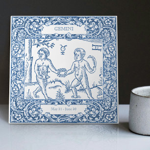 Dutch Delft Blue Gemini Vintage Zodiac Sign Ceramic Tile