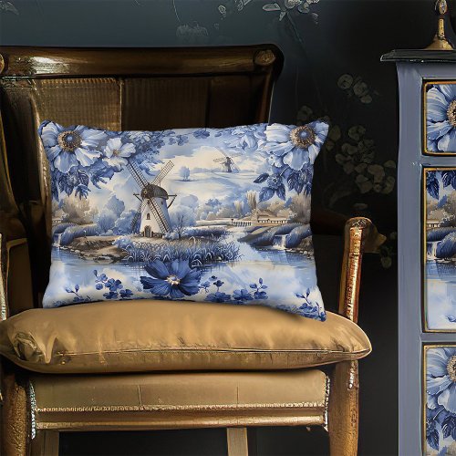 Dutch Delft Blue Windmills Wild Roses Vintage Accent Pillow