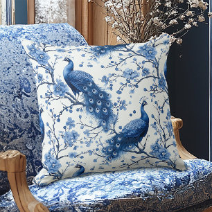 Dutch Delft Vintage Blue Floral Peacock Throw Pillow